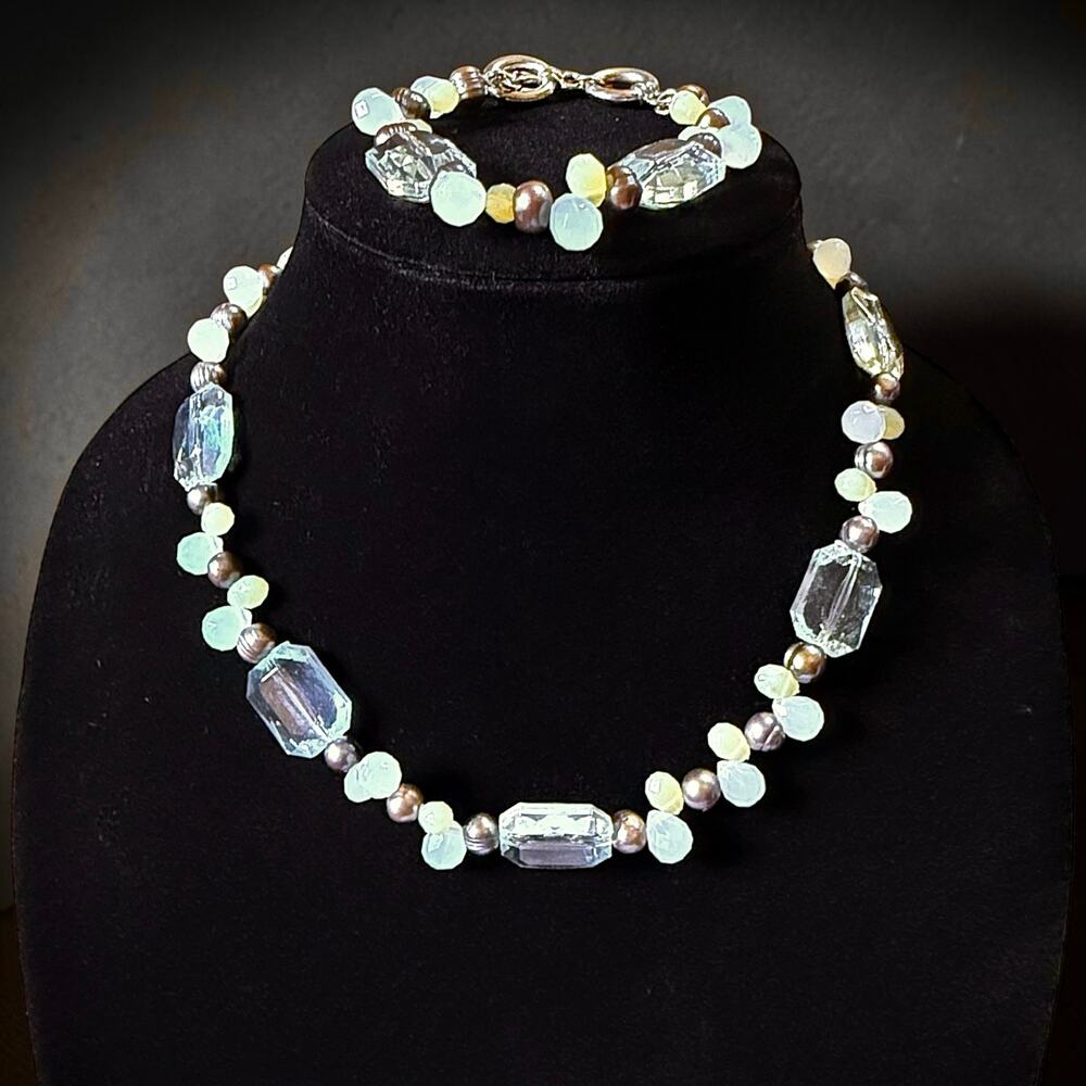 Vintage Cookie Lee Freshwater Pearl and Aqua Crystal Necklace and Bracelet Set